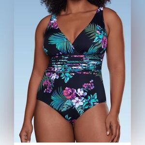 Aqua Green Tropical Floral Waist Detail One Piece Swimsuit Womens SIZE LARGE NEW